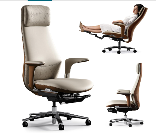 Leather Executive Office Chair with Footrest | Top Grain Genuine Leather | TOMU Beige