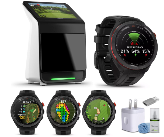 Golf Launch Monitor Bundle with GPS Watch | Premium Home Simulator | Garmin Approach R50 + S70