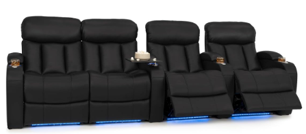 Home Theater Seating with LED & In-Arm Storage | Italian Leather Row of 4 | Seatcraft Grenada Black