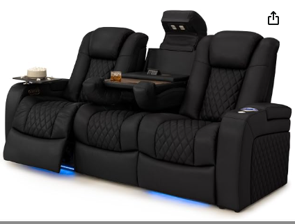 Home Theater Sofa with Fold-Down Table & Power Recline | Italian Leather | Seatcraft Anthem Black