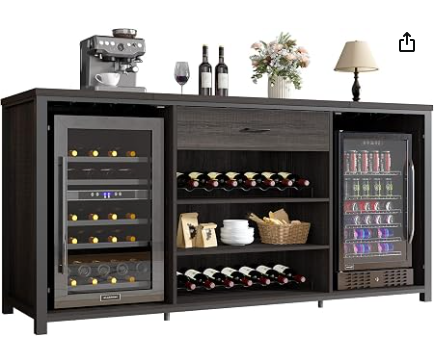 Industrial Home Bar Cabinet with Wine Rack & Fridge Space | 70" | LVB Rustic Gray
