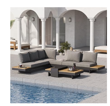 Luxury Outdoor Conversation Set | Teak & Aluminum Modular Sofa Seats 6 | Homary 4-Piece