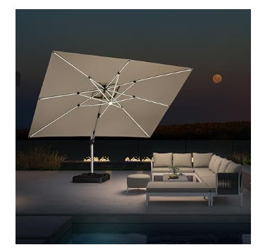 Cantilever Patio Umbrella with Solar LED | 10x13 Double Top 360° | Purple Leaf Beige
