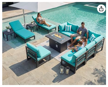 Outdoor Patio Set with Fire Pit | 11-Piece L-Shaped Sectional | RADIATA Aluminum Teal