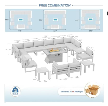 Outdoor Patio Furniture Set with Fire Pit | 17-Piece L-Shaped Sectional | NICESOUL Light Gray