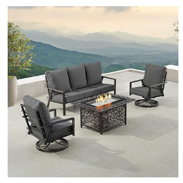 Outdoor Fire Table Patio Set | Deep Seating Sofa & Club Chairs | Oakland Living Black