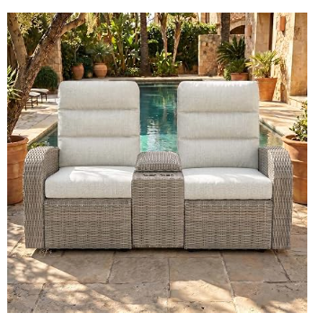 Outdoor Recliner Loveseat with Adjustable Backrest & Footrest | Oversized Wicker | LayinSun
