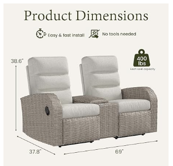 Outdoor Recliner Loveseat with Adjustable Backrest & Footrest | Oversized Wicker | LayinSun