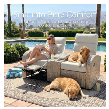 Outdoor Recliner Loveseat with Adjustable Backrest & Footrest | Oversized Wicker | LayinSun