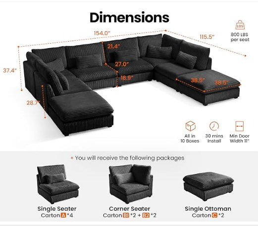 CHIC HOUSE 154" Oversize Corduroy Modular Sectional Sofa with Ottomans