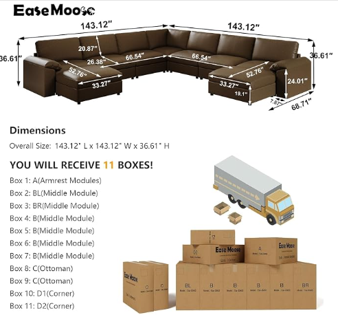 EASE MOOSE Modular U-Shaped Leather Sectional Sofa in Brown