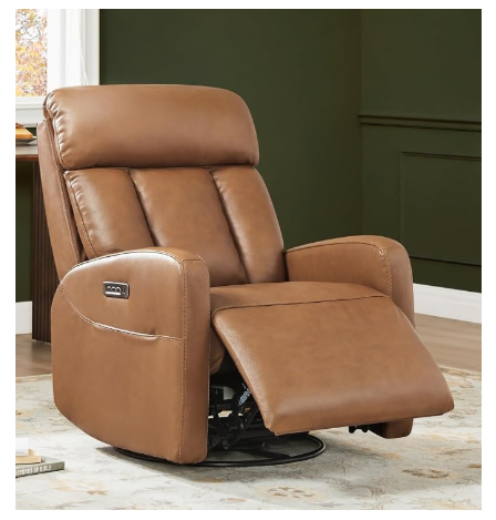 CHITA Genuine Leather Power Recliner Chair – Swivel Rocker, Saddle Brown