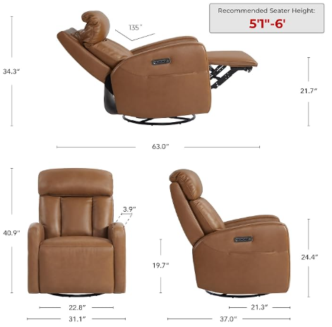 CHITA Genuine Leather Power Recliner Chair – Swivel Rocker, Saddle Brown