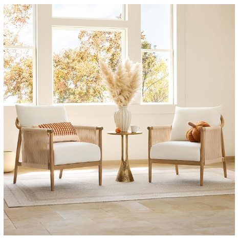CHITA Braid Accent Chair Set of 2 – Boho Wood Frame & Paper-Cord Armrest, Cream