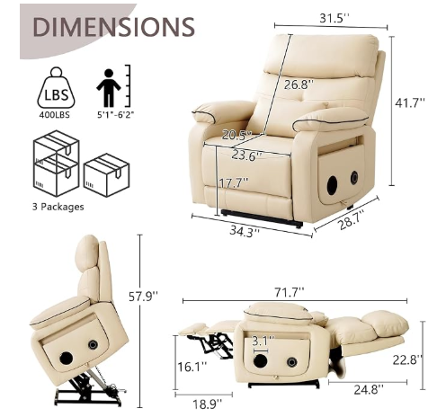 RESTREAL Dual Motor Power Lift Recliner Chair – Infinite Position, Heat & Massage, Beige Leather