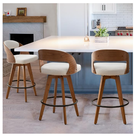 MEKLIBA Modern Upholstered Swivel Bar Stools Set of 3 – 30.3" Bar Height, Beige Fabric