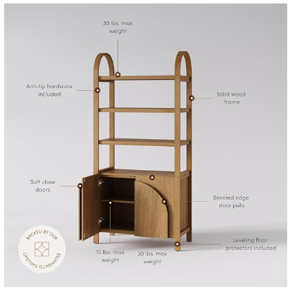 Nathan James Iris 3-Tier Arched Bookcase with Cabinet Base – Solid Wood, Light Brown