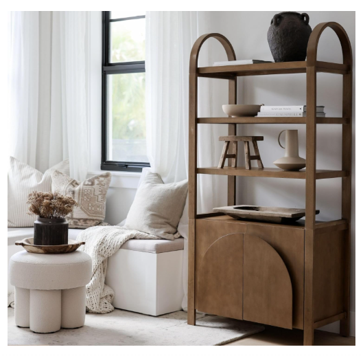 Nathan James Iris 3-Tier Arched Bookcase with Cabinet Base – Solid Wood, Light Brown