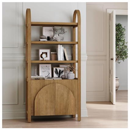 Nathan James Iris 3-Tier Arched Bookcase with Cabinet Base – Solid Wood, Light Brown