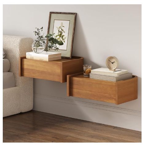 Nathan James Tyla Wall Mounted Floating Nightstand Set of 2 – 1-Drawer, Light Brown