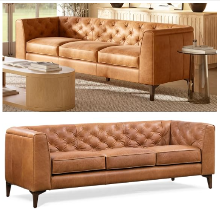 POLY & BARK Essex 89" Full-Grain Italian Leather Sofa – Tufted, Feather-Down, Cognac Tan
