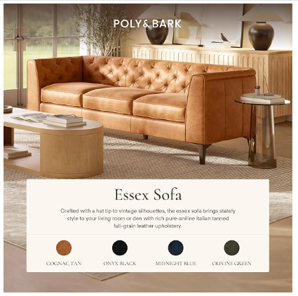 POLY & BARK Essex 89" Full-Grain Italian Leather Sofa – Tufted, Feather-Down, Cognac Tan