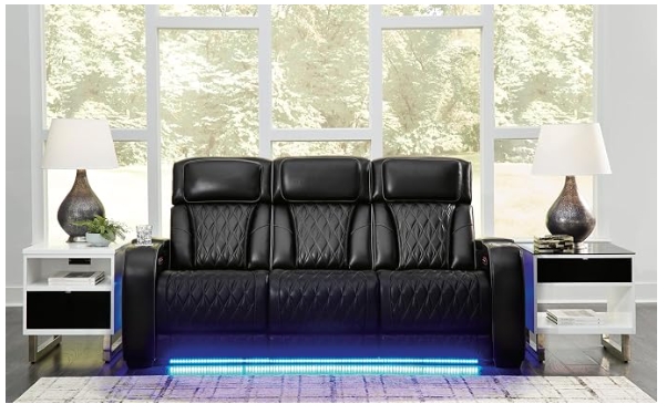 Signature Design by Ashley Boyington 3-Seater Leather Power Reclining Sofa – Zero-Gravity Massage & Heat, Black