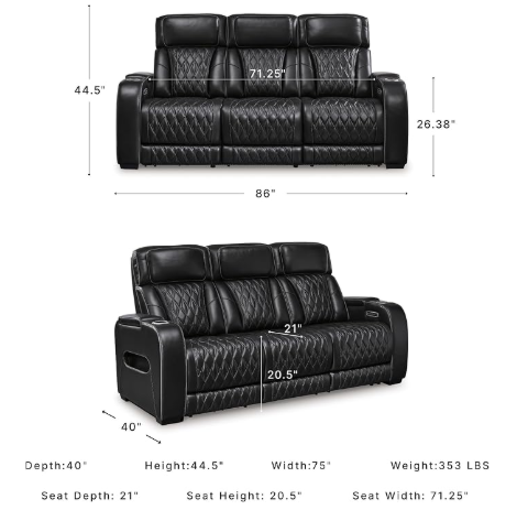 Signature Design by Ashley Boyington 3-Seater Leather Power Reclining Sofa – Zero-Gravity Massage & Heat, Black