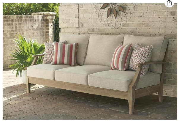 Signature Design by Ashley Clare View Indoor/Outdoor Eucalyptus Sofa – Nuvella Fabric, 3-Person, Beige