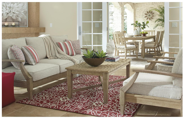 Signature Design by Ashley Clare View Indoor/Outdoor Eucalyptus Sofa – Nuvella Fabric, 3-Person, Beige