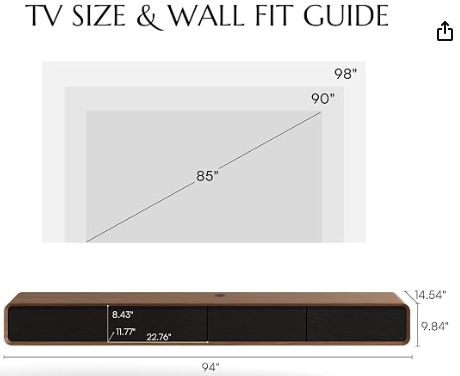 POVISON 94" Fully Assembled Floating TV Stand – Walnut & Black, Fits 85-98" TVs