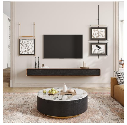 POVISON 94" Fully Assembled Floating TV Stand – Walnut & Black, Fits 85-98" TVs