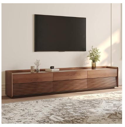 POVISON 94" Mid-Century Modern Fluted TV Stand with Adjustable LED Light – Drawers & Storage