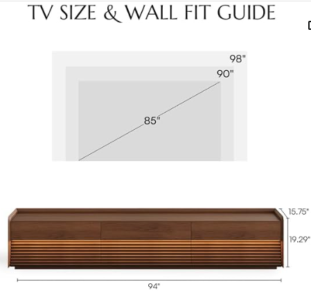 POVISON 94" Mid-Century Modern Fluted TV Stand with Adjustable LED Light – Drawers & Storage