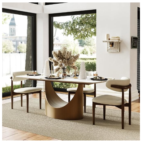 POVISON Hobart 71" Modern Dining Table for 6-8 – Matte White Sintered Stone Top & Bronze Pedestal Base
