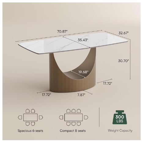 POVISON Hobart 71" Modern Dining Table for 6-8 – Matte White Sintered Stone Top & Bronze Pedestal Base