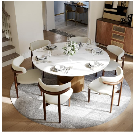 POVISON 59" Round Dining Table for 6 – Glossy White Sintered Stone Top & Carbon Steel Base