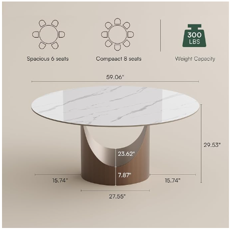 POVISON 59" Round Dining Table for 6 – Glossy White Sintered Stone Top & Carbon Steel Base