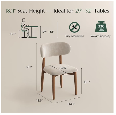 POVISON Mid-Century Modern Dining Chairs Set of 2 – Solid Ash Wood & Linen Blend Fabric
