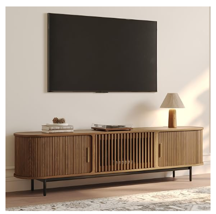 POVISON 78.74" Mid-Century Modern Walnut TV Stand with Sliding Tambour Doors – Fits 75-85" TVs