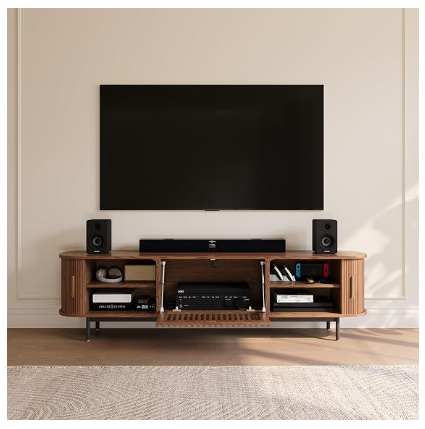 POVISON 78.74" Mid-Century Modern Walnut TV Stand with Sliding Tambour Doors – Fits 75-85" TVs