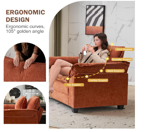 CDCASA Oversized Cloud Sofa Accent Chairs Set of 2 – Terracotta Orange Chenille, Extra Wide