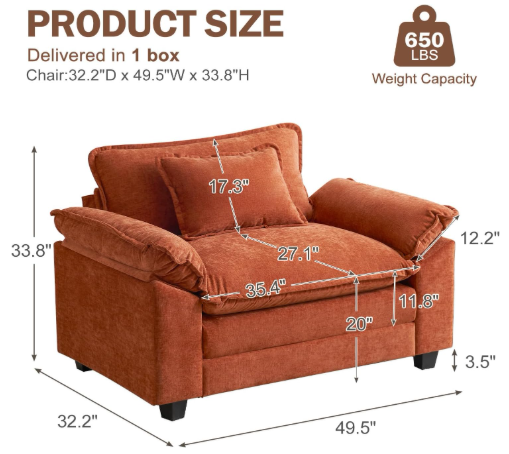 CDCASA Oversized Cloud Sofa Accent Chairs Set of 2 – Terracotta Orange Chenille, Extra Wide