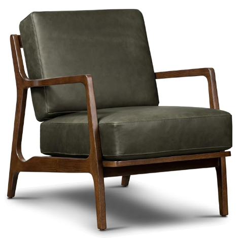 Poly & Bark Verity Leather Accent Chair – Walnut Wood Frame, Olivine Green (5 Colors Available)