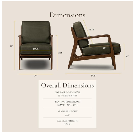 Poly & Bark Verity Leather Accent Chair – Walnut Wood Frame, Olivine Green (5 Colors Available)