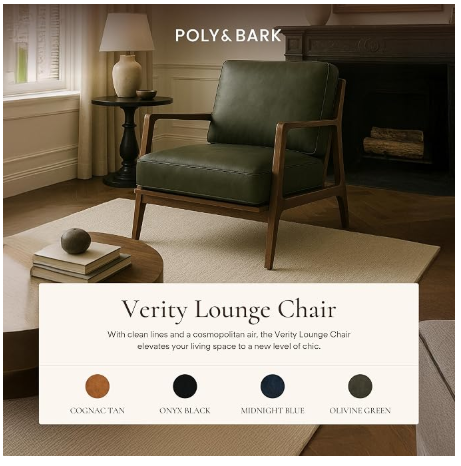 Poly & Bark Verity Leather Accent Chair – Walnut Wood Frame, Olivine Green (5 Colors Available)