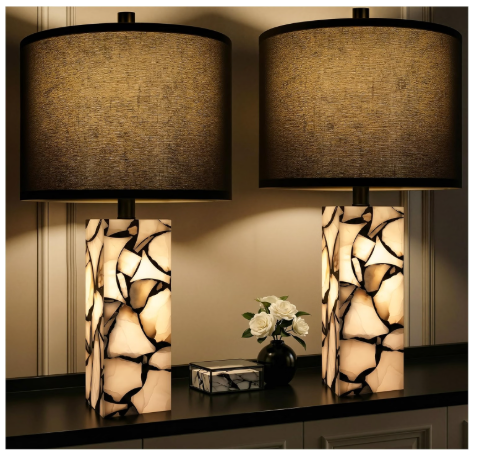 Scenekoy 23" Alabaster Table Lamps Set of 2 with Night Light (Black)