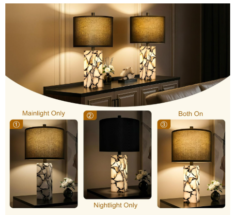 Scenekoy 23" Alabaster Table Lamps Set of 2 with Night Light (Black)