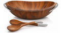 Nambe Braid Salad Bowl with Servers – Chrome & Acacia Wood, 3-Piece Set (20" x 16")