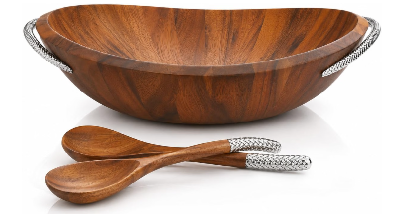 Nambe Braid Salad Bowl with Servers – Chrome & Acacia Wood, 3-Piece Set (20" x 16")